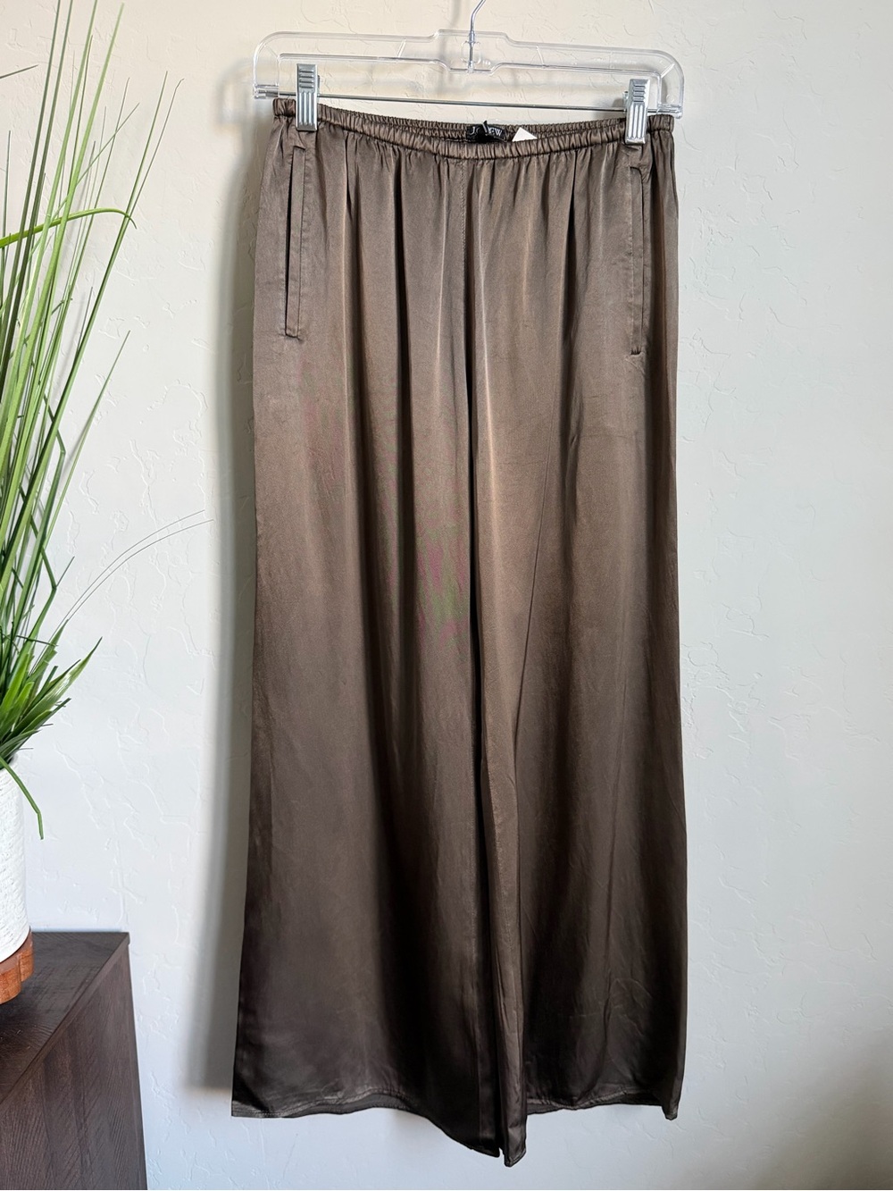J.Crew Cosmo Satin Wide Leg Pants Brown Pull On NWT Petite Small